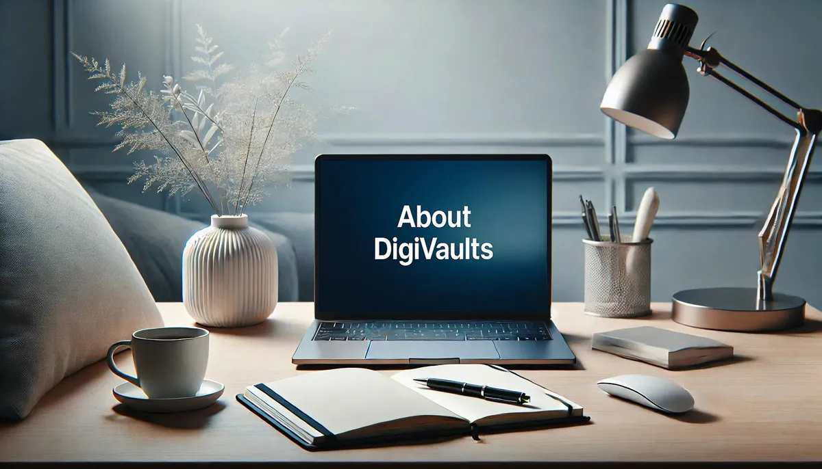About DigiVaults - Minimal modern workspace with laptop, coffee cup, and notebook — representing DigiVaults’ digital creativity and analysis.